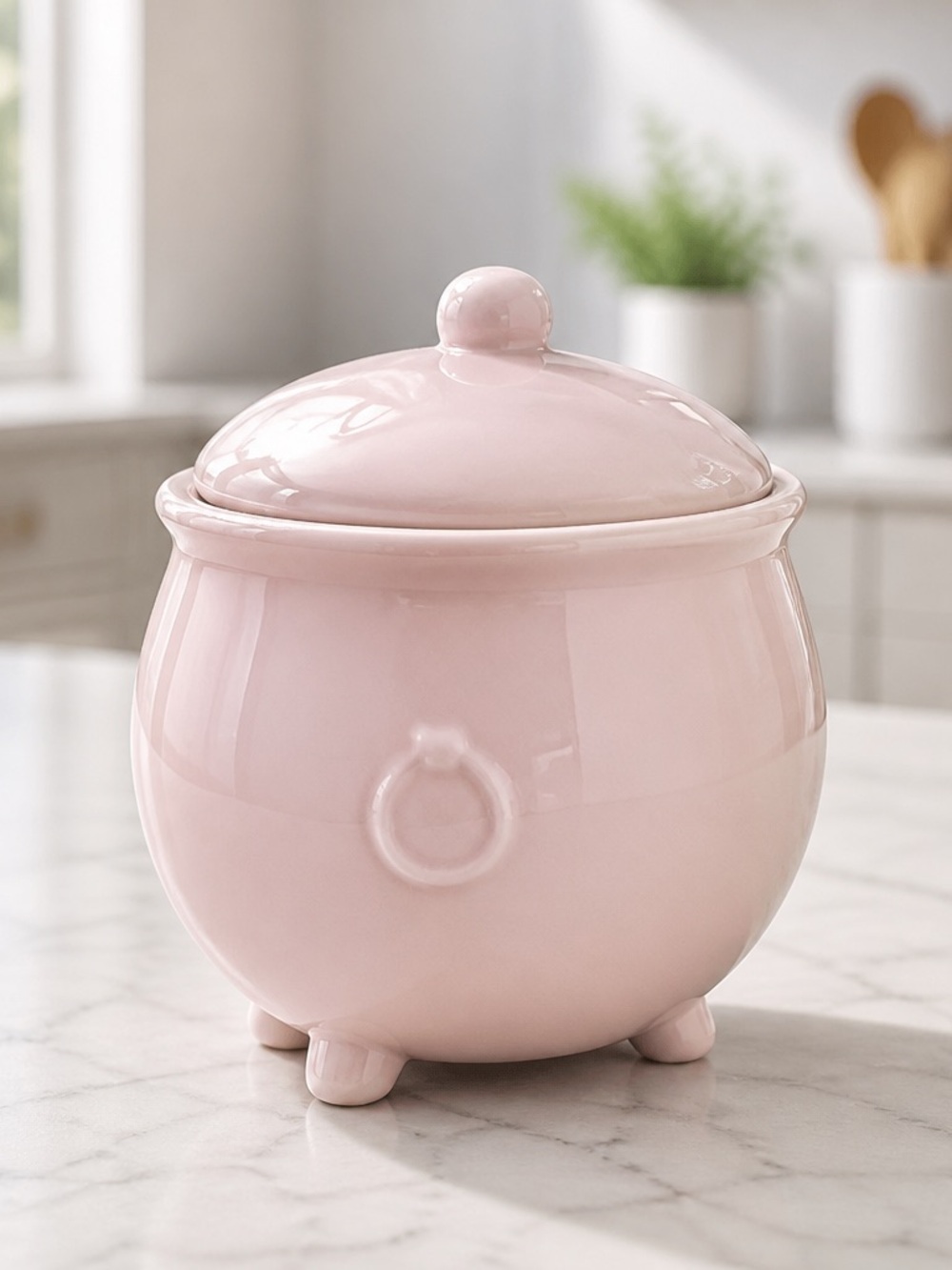 Pink Ceramic Cauldron with Lid - Elegant Home Kitchen Canister